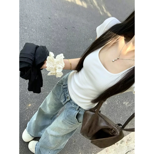 2026新款夏薄款轻奢高级感白色U领短袖t恤女士超好看修身穿搭上衣