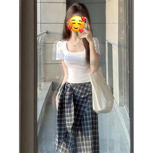 韩系chic夏季白色U领短袖t恤女士超好看修身炸街独特漂亮小上衣服