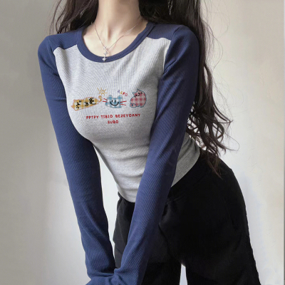 纯棉撞色长袖t恤女新款秋冬内搭