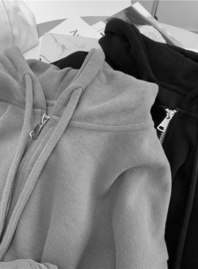 2026年新款连帽灰色开衫卫衣女薄款外套秋冬加绒宽松bf慵懒风ins