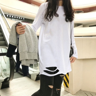秋冬下摆破洞加绒长袖T恤女白色内搭打底衫女中长款宽松韩版上衣