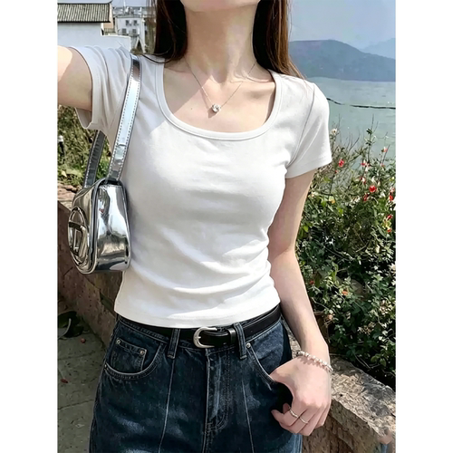 夏季白色U领短袖t恤气质女士2026新款修身洋气独特超好看小衫上衣