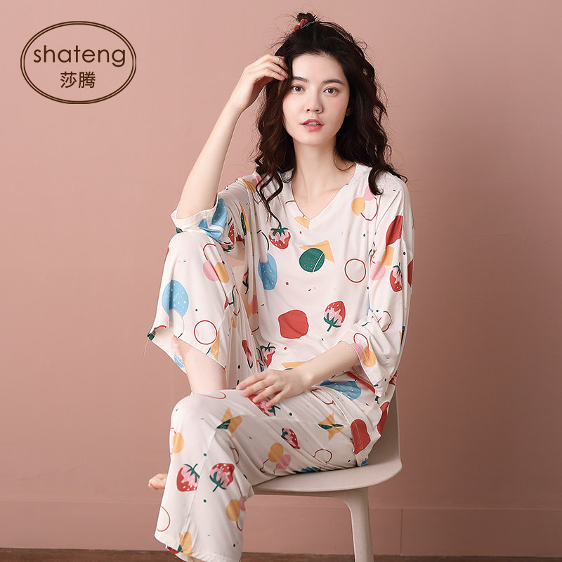 睡衣女士春秋款夏季薄款莫代尔七分袖夏天长袖春夏家居服两件套装