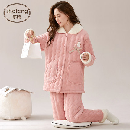 三层加厚夹棉袄睡衣女开衫甜美加绒加棉保暖珊瑚绒家居服套装冬季