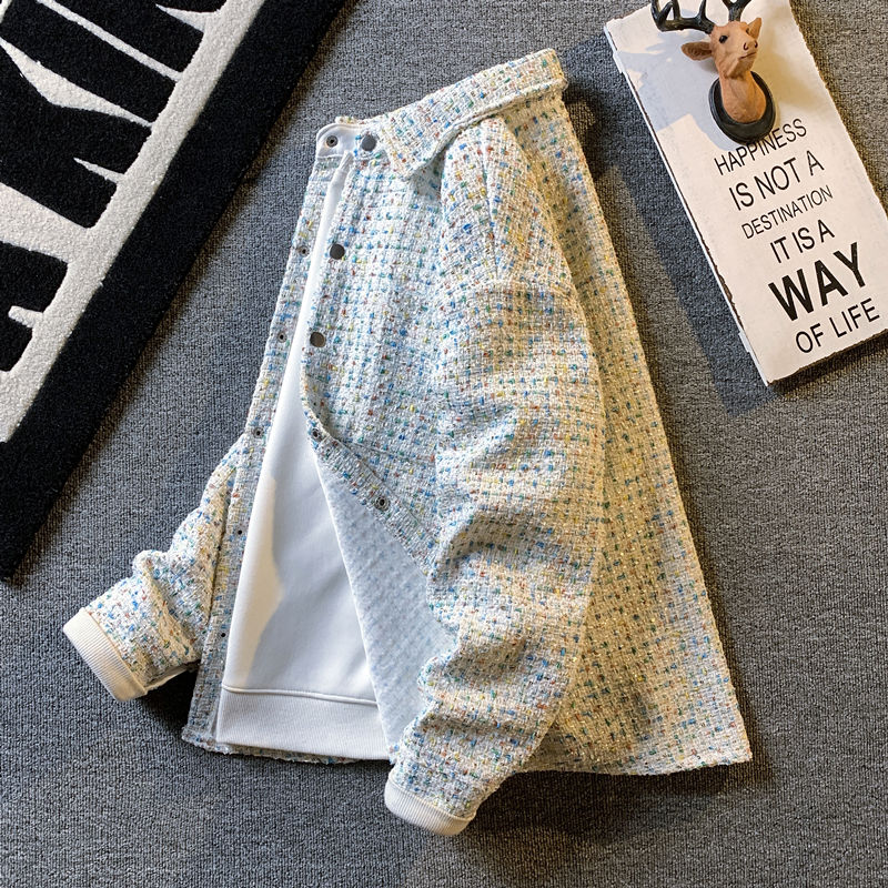 小香风亮片针织衬衫男款高级感休闲痞帅夹克青年潮流百搭衬衣外套