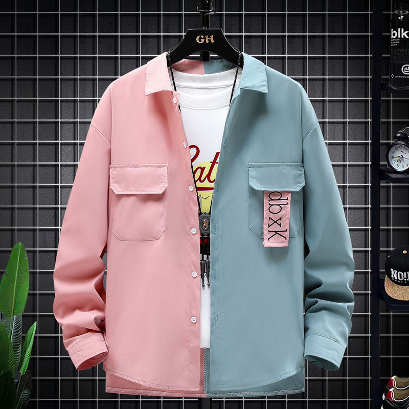 鸳鸯工装长袖衬衫男拼接撞色衬衣