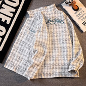 潮牌痞帅针织衬衣小香风刺绣毛呢外套 男春秋款 设计感格子长袖 衬衫