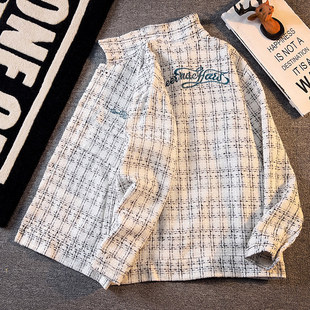 潮牌痞帅针织衬衣小香风刺绣毛呢外套 男春秋款 设计感格子长袖 衬衫