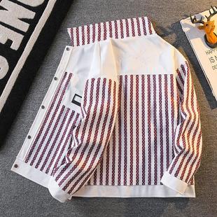 日系复古条纹衬衫男长袖宽松拼接夹克春秋季男士痞帅休闲衬衣外套