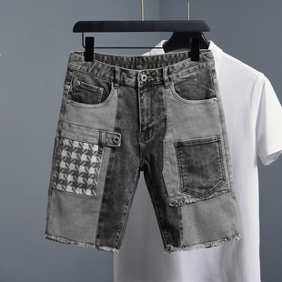 男多口袋工装 潮牌复古拼接五分裤 毛边中裤 薄款 子 夏季 5分牛仔短裤