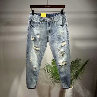 破洞牛仔裤男宽松刮烂9分乞丐裤男潮流百搭夏季浅色漏洞九分裤子