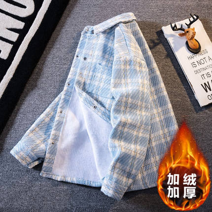 冬季小香风毛呢外套男款加绒加厚高级感格子衬衫潮牌痞帅工装夹克