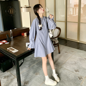 蓝竖条纹连衣裙100%全棉休闲韩版长期有货支持退现P115k158图片