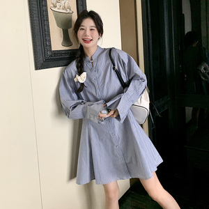 蓝竖条纹连衣裙100%全棉休闲韩版长期有货支持退现P115k158图片