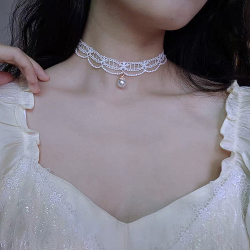 白色蕾丝珍珠颈链超仙锁骨链