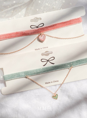 日韩超仙小清新彩色超闪亮丝绒气质仙女粉色绿色爱心吊坠项链颈链