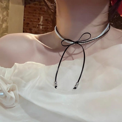 飘带蝴蝶结珍珠双层项链女小众设计感choker颈链锁骨链个性简约饰