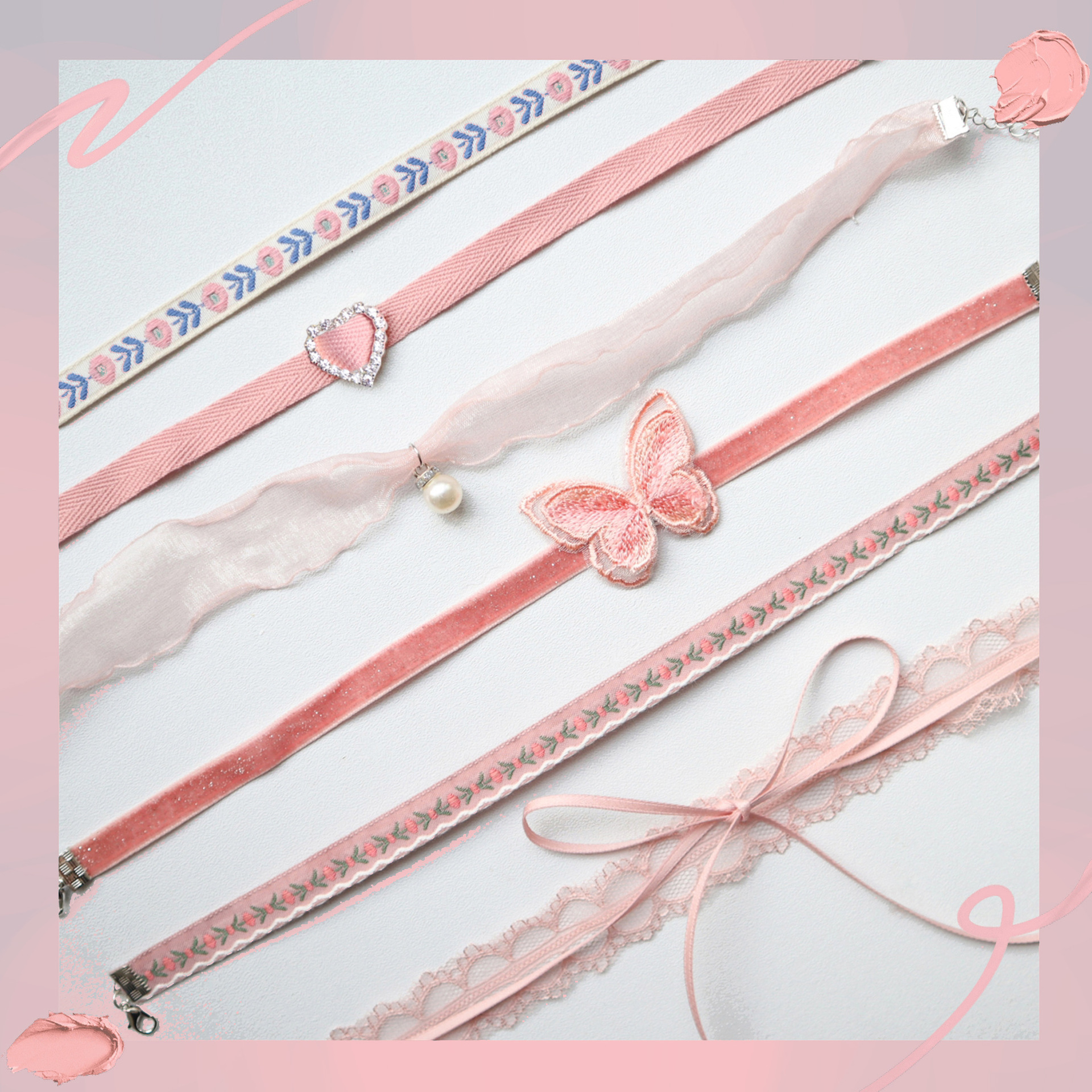 春夏超仙饰品少女颈带粉色爱心吊坠颈链Choker项圈锁骨链蝴蝶项链