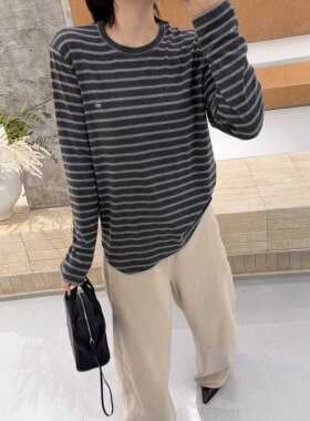 DM韩系宽松休闲圆领条纹长袖T恤女2026秋季新款百搭显瘦打底上衣