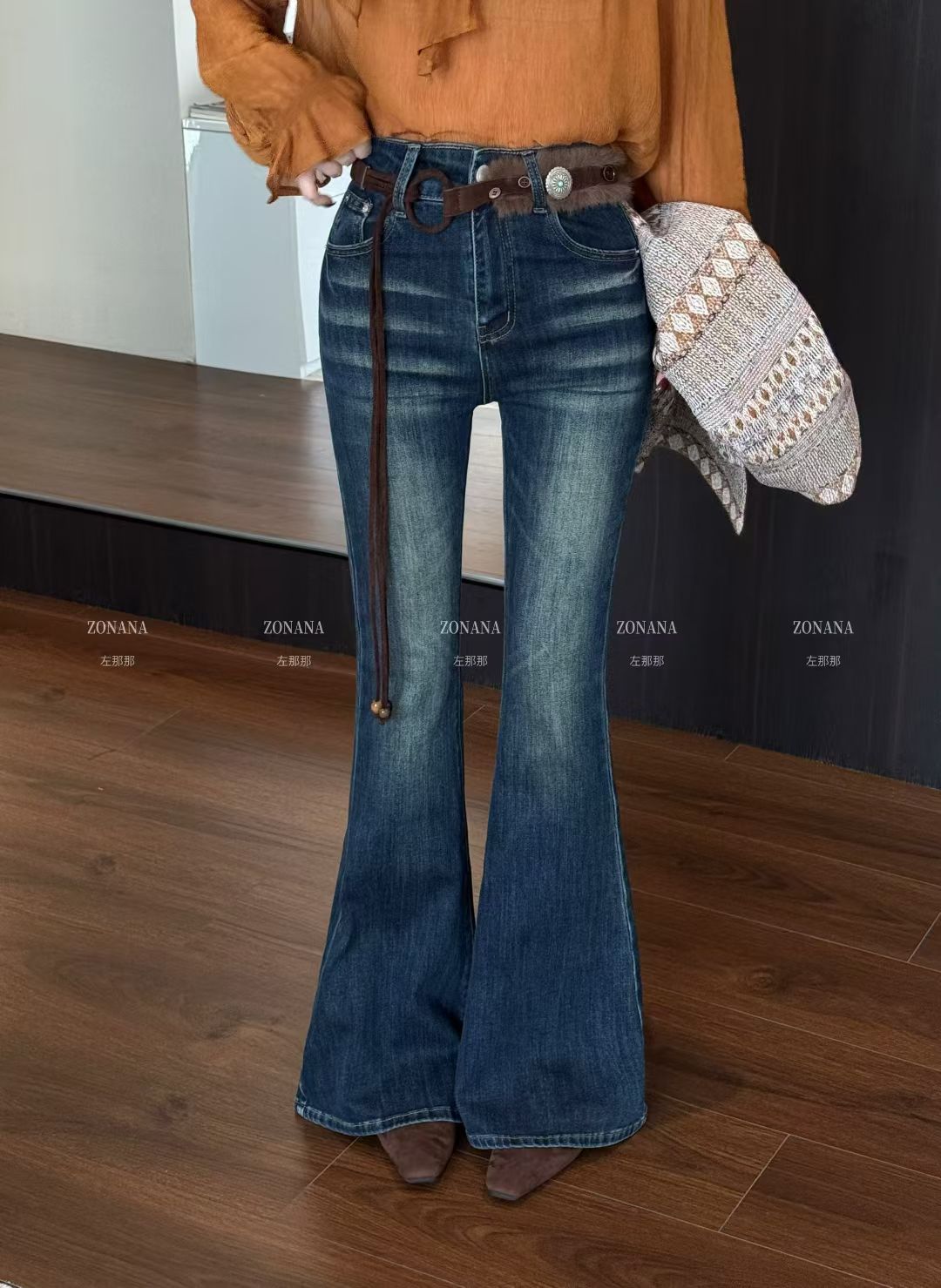 ZONANA左那那复古高腰微喇牛仔裤女25秋季时尚百搭辣妹弹力拖地裤