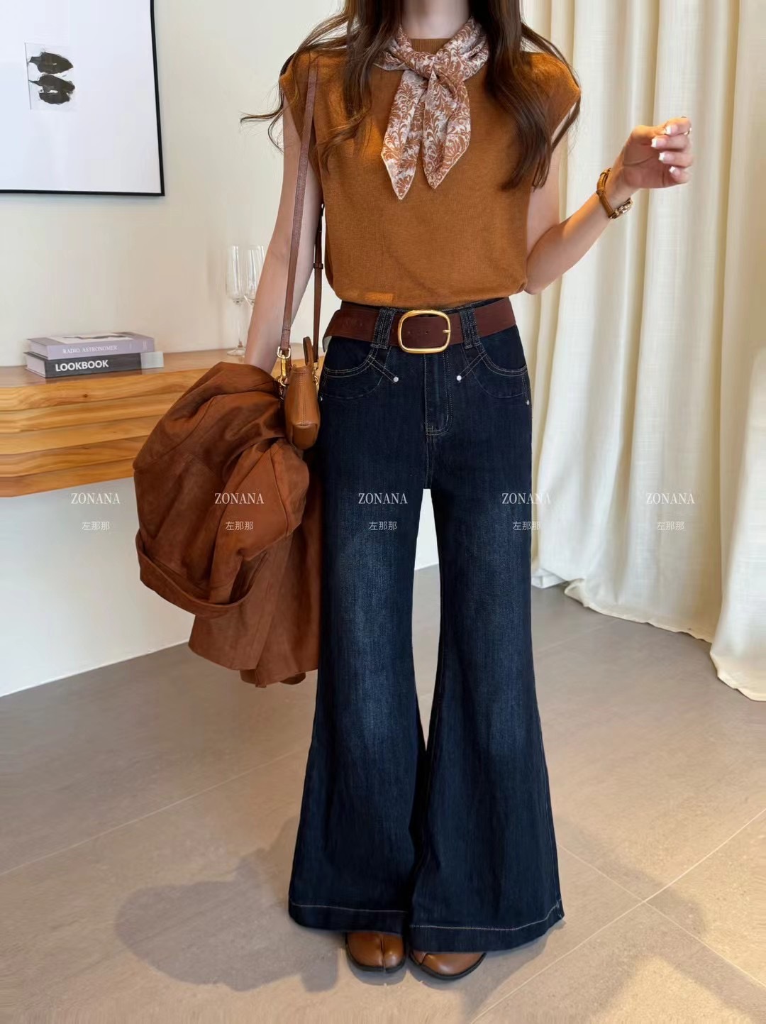 ZONANA左那那复古高腰微喇牛仔裤女25秋季时尚百搭加绒直筒喇叭裤