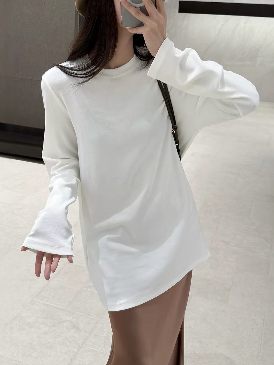 摩登mdeng圆领长袖T恤女2026秋季宽松百搭中长款打底衫上衣33108图片