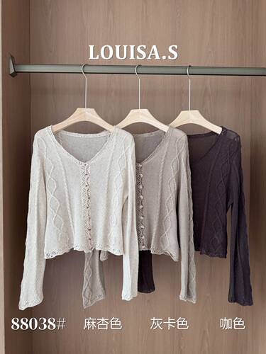LOUISA.S法式复古V领镂空针织开衫女2026春新款时尚百搭长袖上衣