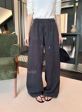 N+PLUS9190松紧高腰加绒羊毛阔腿裤女2025冬季保暖直筒休闲拖地裤