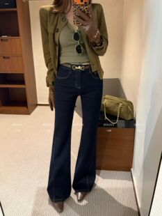 ZONANA左那那2026秋新款复古修身高腰显瘦微喇牛仔裤女配腰带8689
