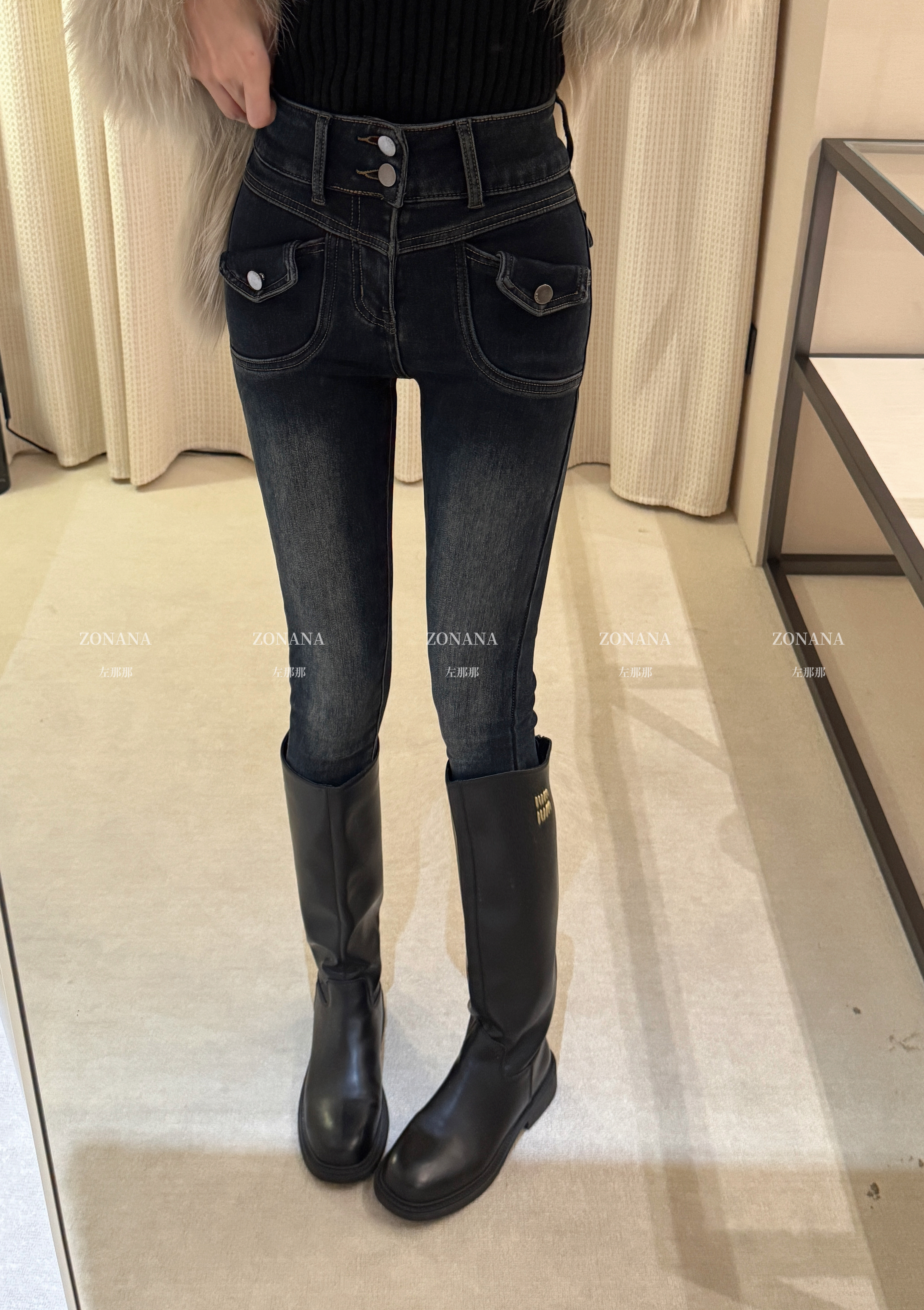 ZONANA左那那时尚百搭高腰加绒小脚牛仔裤女2025冬修身弹力铅笔裤