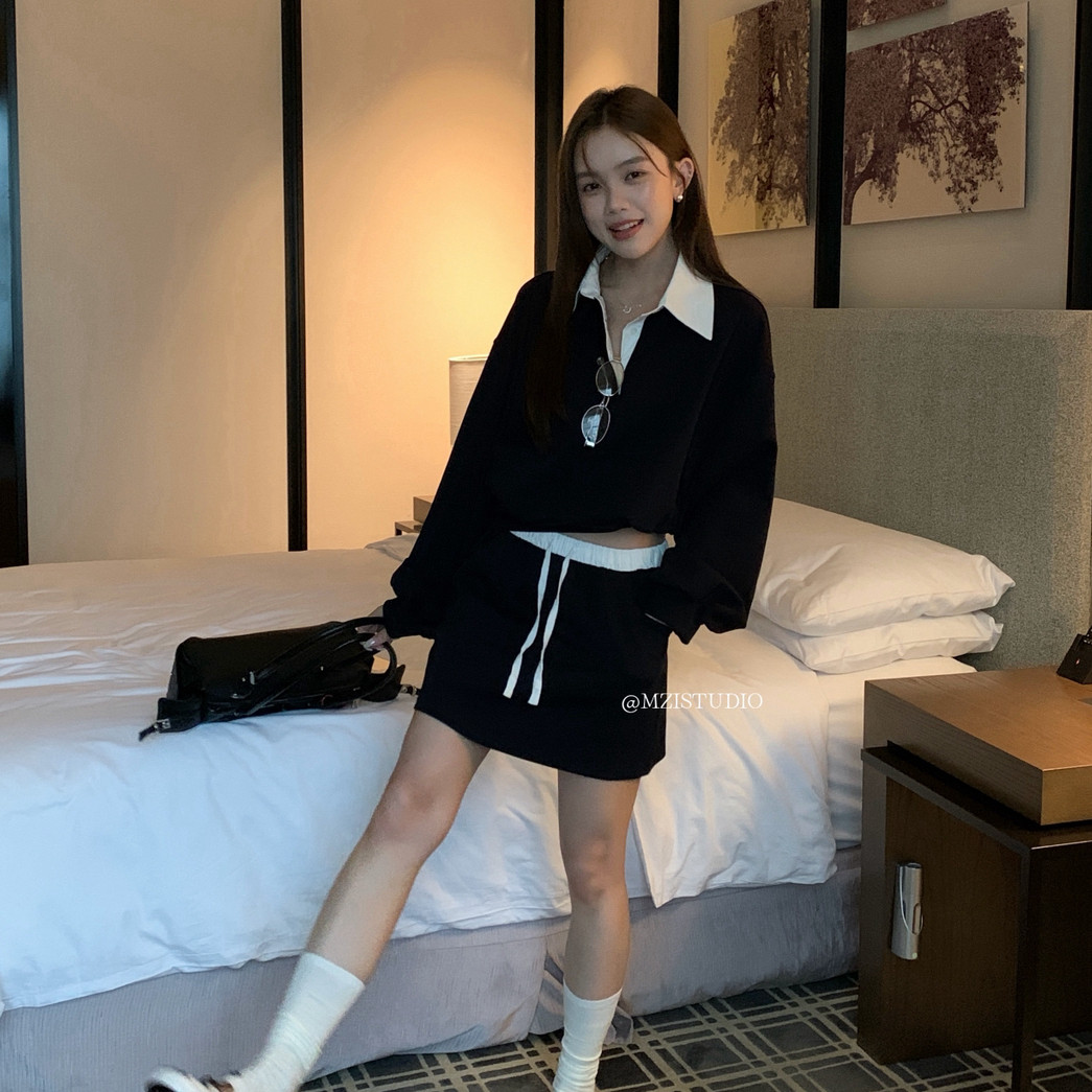 MZI STUDIO-拼色卫衣+撞色抽绳腰头半身裙套装(含85棉料)111399#图片