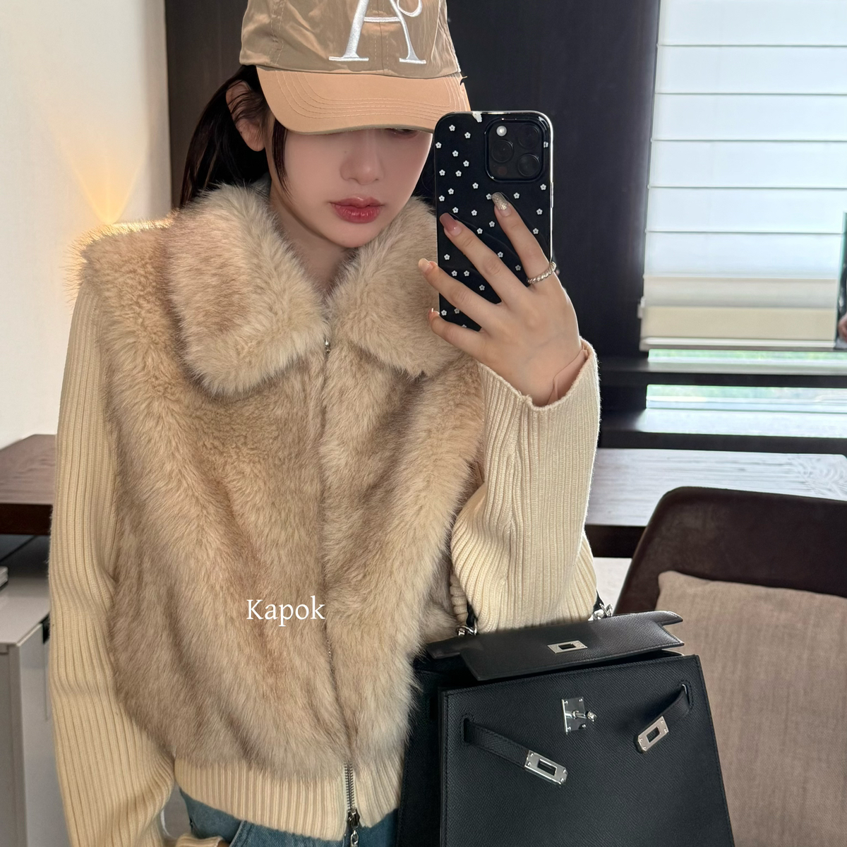 KAPOK-冬季新款韩系加厚针织拼接环保皮草短外套35023