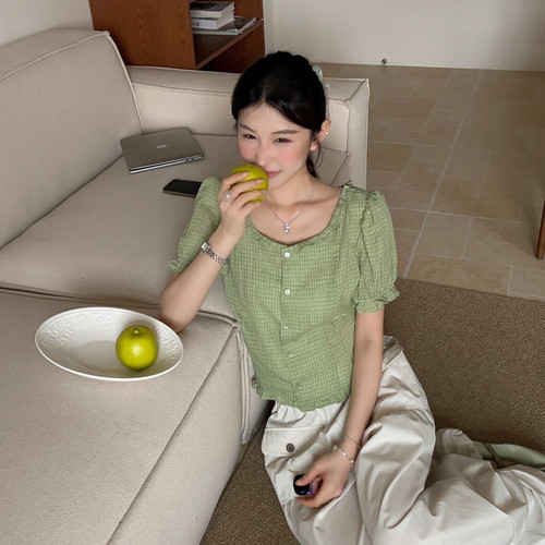 OMELET蛋卷-超软花边大u领格纹短袖衬衫小衫含35棉料）HC26503