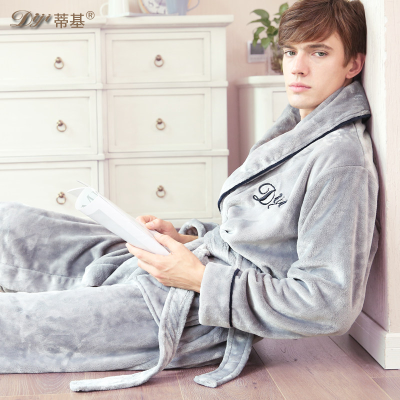 睡袍男秋冬季珊瑚绒加厚加绒长款法兰绒加长长袍中年大码浴袍睡衣