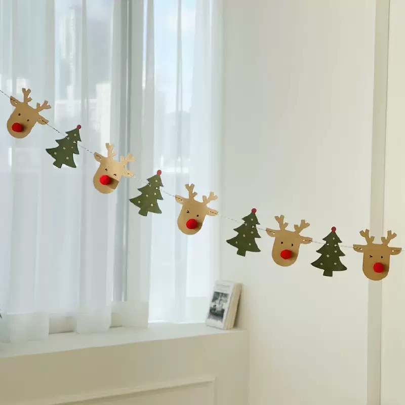 ins韩版圣诞小鹿小树拉旗圣诞节派对商场橱窗装家庭挂饰用品