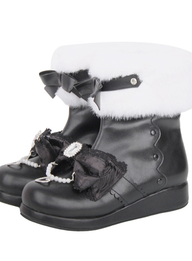 2025新品Lolita圆头短靴洛丽塔侧拉链蝴蝶结毛毛短靴Q501