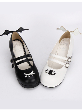 新品 LOLITA洛丽塔黑白搭恶魔天使眼睛翅膀搭扣可爱粗跟鞋8593