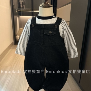 个性春季新款婴幼儿牛仔背带裤套装男宝裤子针织打底衫韩版两件套