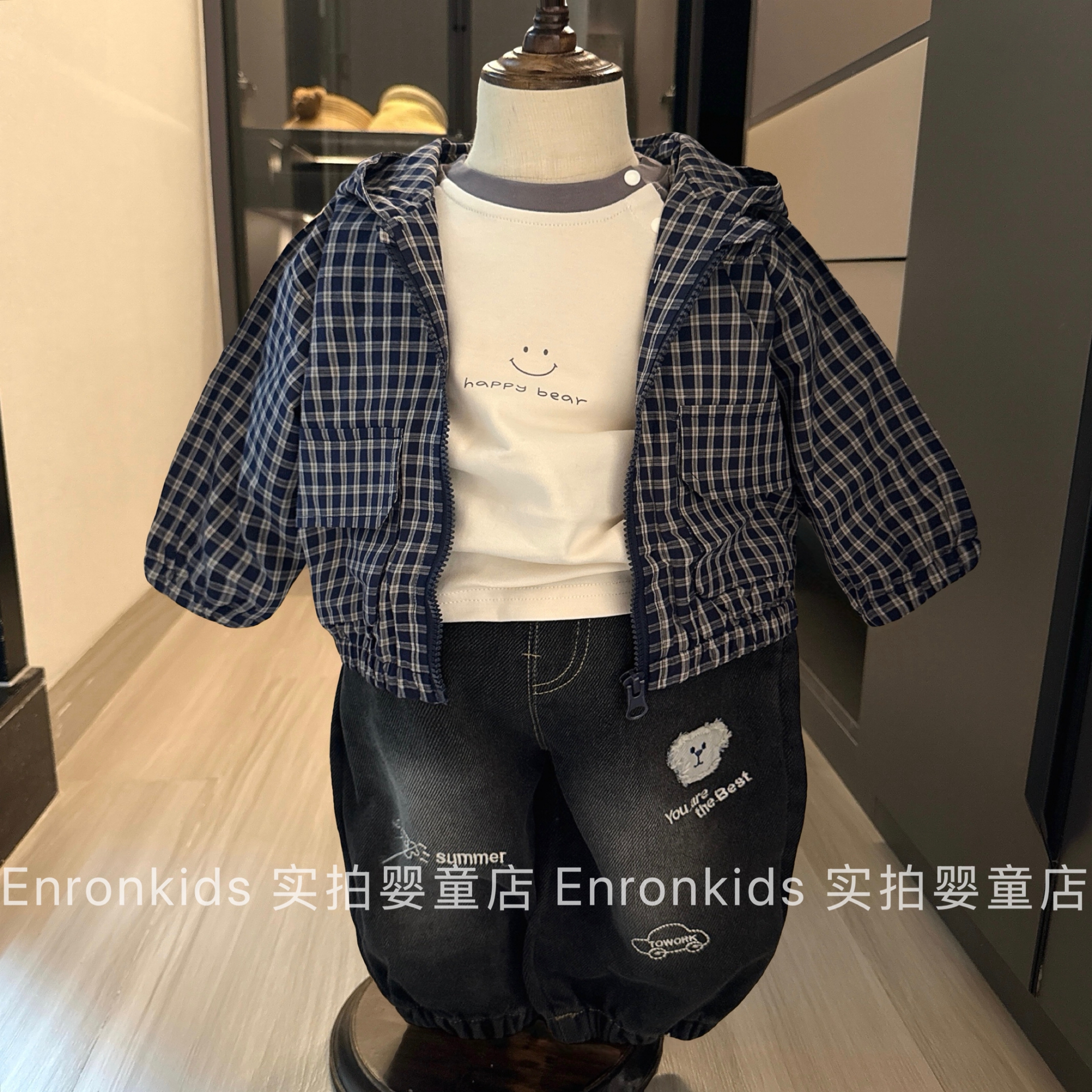 韩版秋男童连帽外套格子帅气开衫