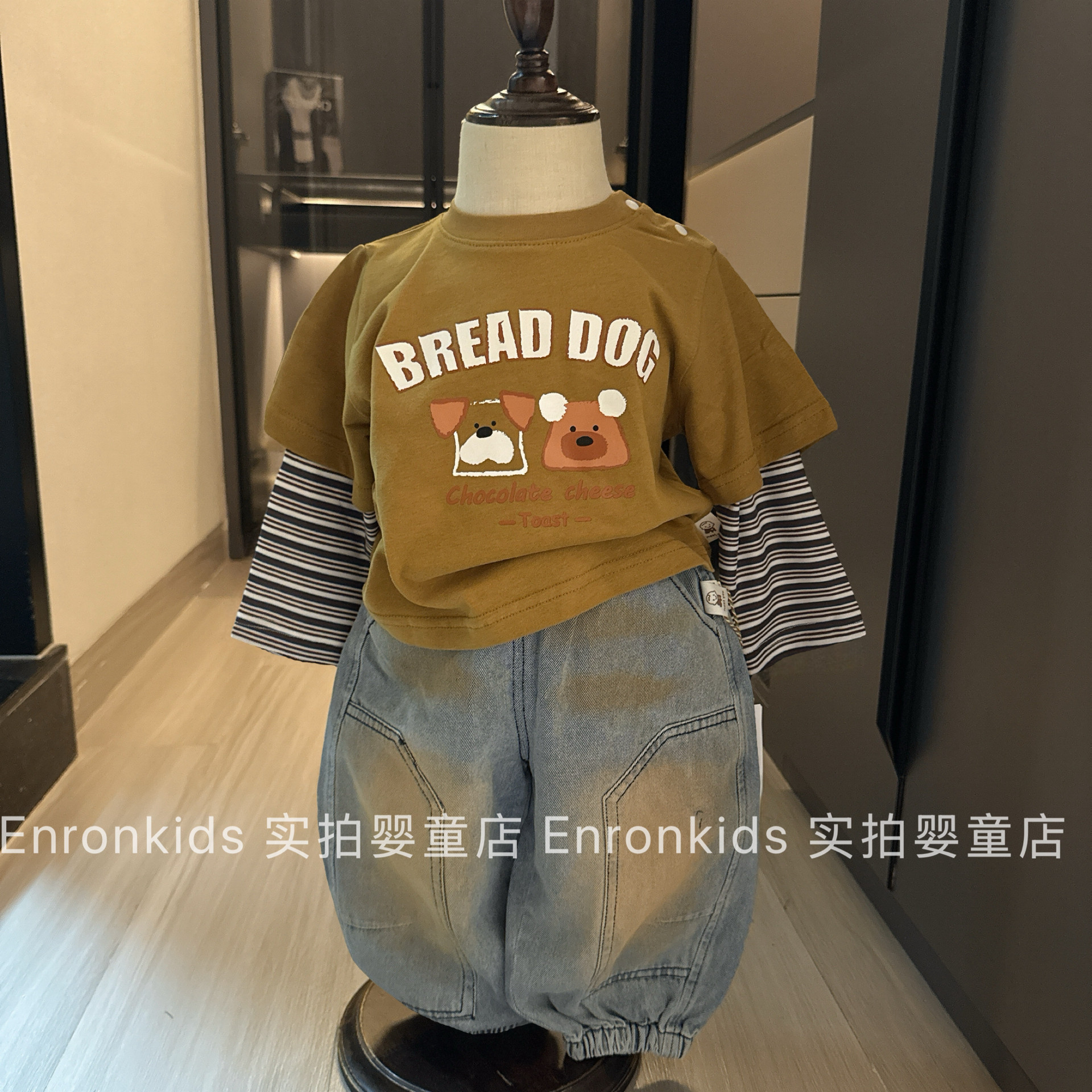 男童春秋季假两件上衣做旧牛仔裤图片