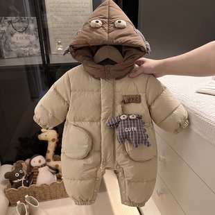 婴儿羽绒服连体衣搞怪兽保暖加厚男宝宝外出服哈衣白鸭绒冬装衣服