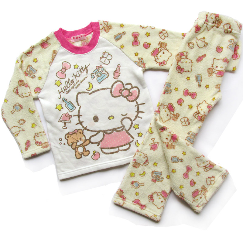 日单三丽鸥系列HelloKitty猫儿童秋冬珊瑚绒睡衣套装