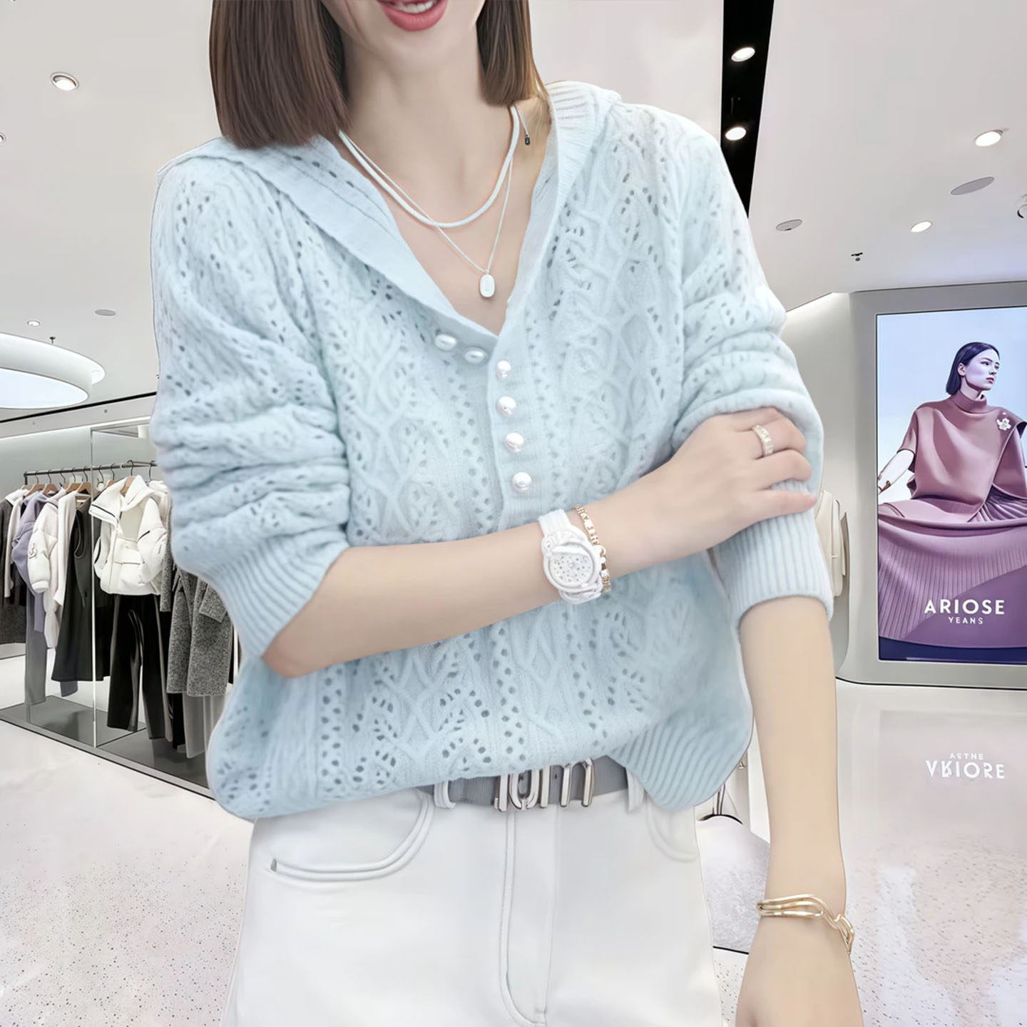 镂空针织套头长袖毛衣女早秋上衣图片