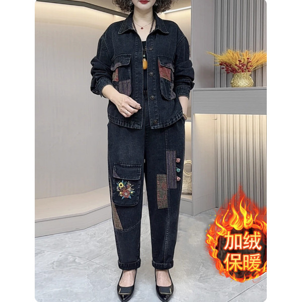 加绒加厚遮肉显瘦水洗牛仔套装秋冬新款Z大码翻领中年妈妈两件套