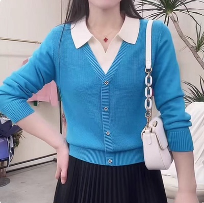 假两件撞色针织翻领百搭气质小衫