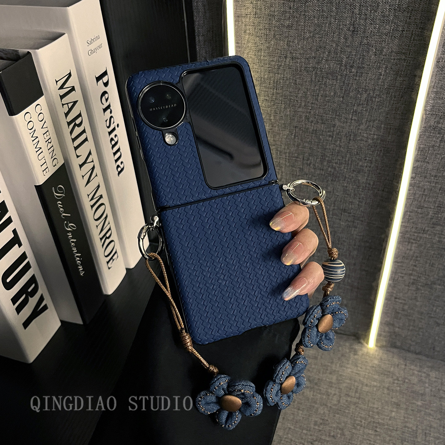 轻调 网红奢华深蓝草席纹花朵手提绳适用于oppo findn3/