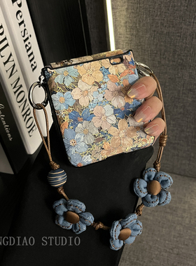 轻调 ins个性创意烫金蓝色花朵手提链适用于荣耀MagicVFlip2手机壳新款Magic折叠屏V FLIP防摔肤感翻盖保护套