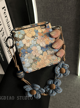 轻调 复古风烫金蓝色花朵牛仔手提绳适用于荣耀MagicVFlip2手机壳新款Magic折叠屏V FLIP防摔肤感翻盖保护套