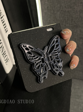 轻调 ins高级感小众黑色闪粉蝴蝶支架适用于荣耀MagicVFlip2手机壳新款Magic折叠屏V FLIP防摔肤感翻盖保护套