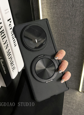 轻调 潮酷黑色双中轴岩沙360度旋转支架适用于荣耀MagicV5手机壳新款Magic Vs折叠屏V3/v2防摔折叠屏女保护套